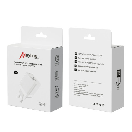 Adaptateur Secteur double USB 12W - Chargeur Rapide (Mayline) — Mayline · Smarty Paris 18e